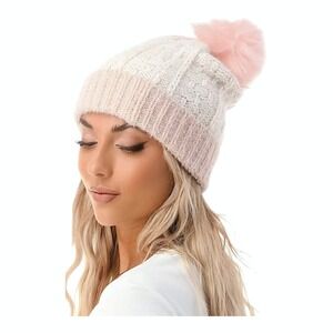 Marcus Adler Womens Beanie Hat Ivory Blush Pom Cable Knit Winter Warm One Size
